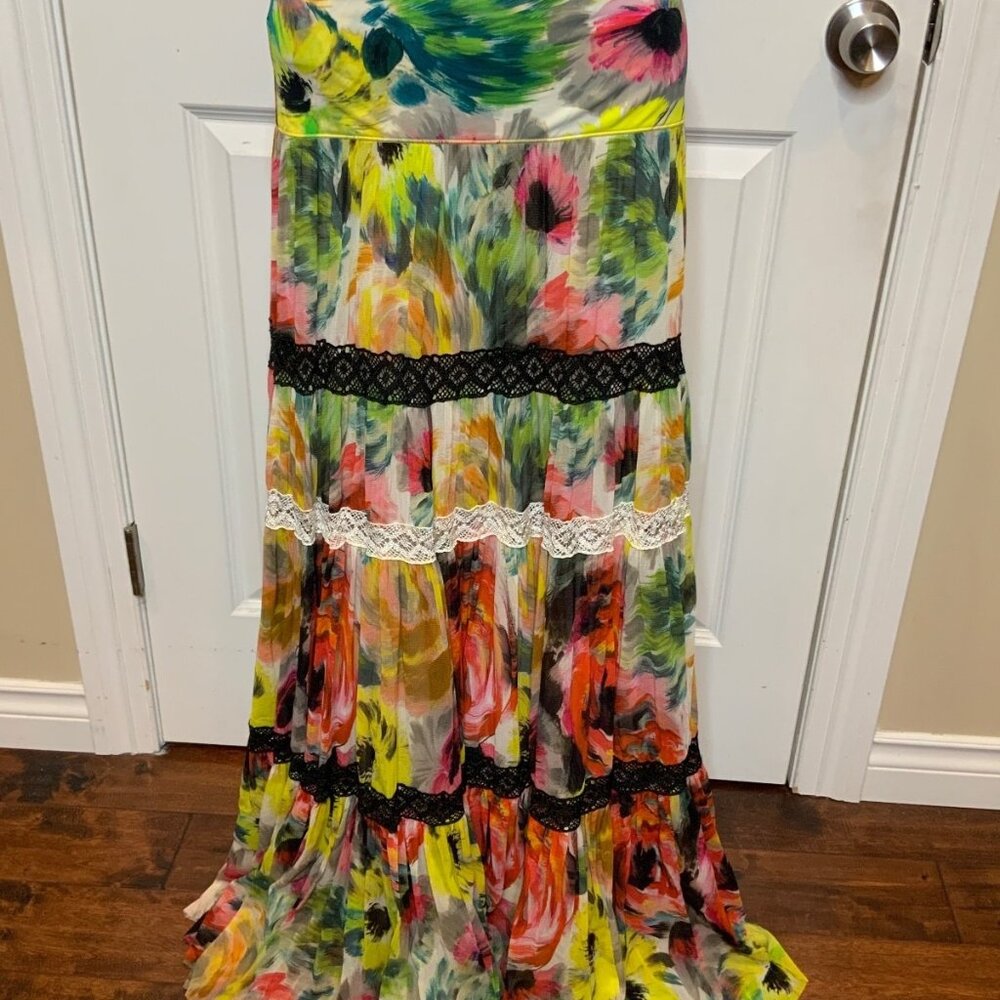 Fuzzi Floral Mesh Lace Striped Maxi Skirt, Size XL